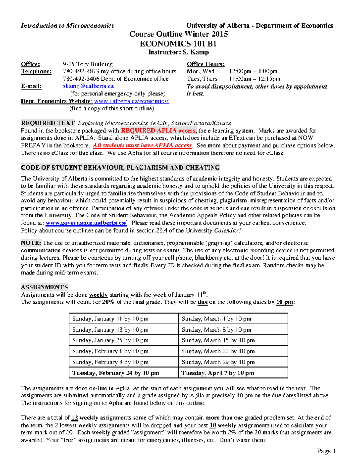 2015 Winter ECON101 LEC B1 Outline - Introduction To Microeconomics ...