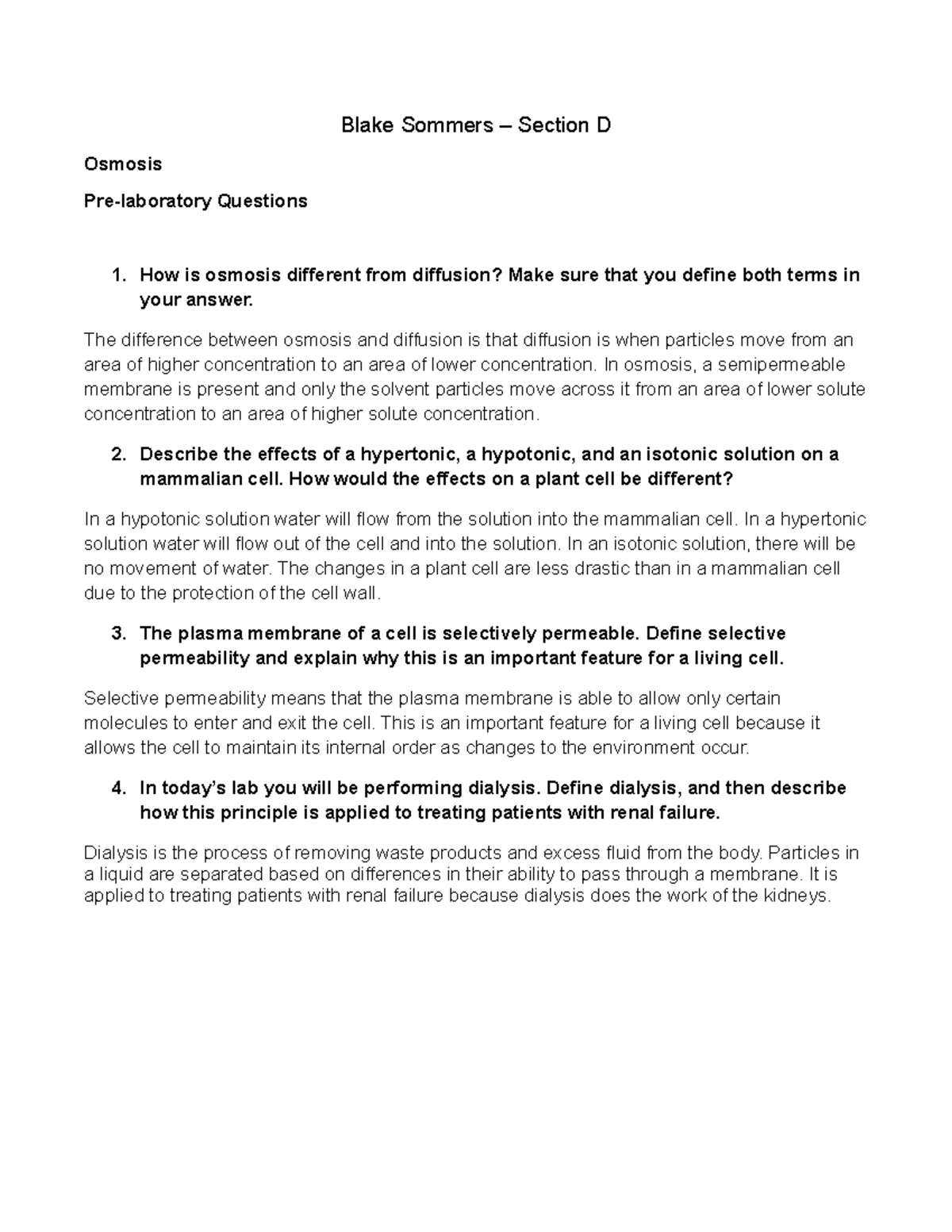 PreLab Osmosis lab Blake Sommers Section D Osmosis Pre