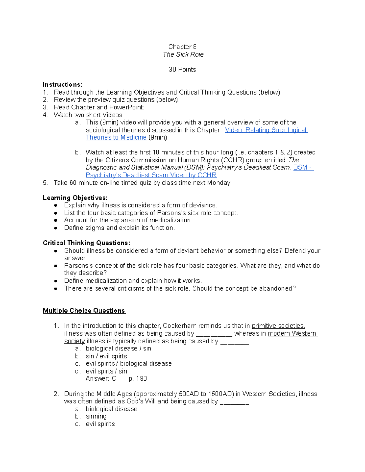 Ch+8+Quiz Preview+Questions+Cockerham+Text+%281%29 - Chapter 8 The Sick ...