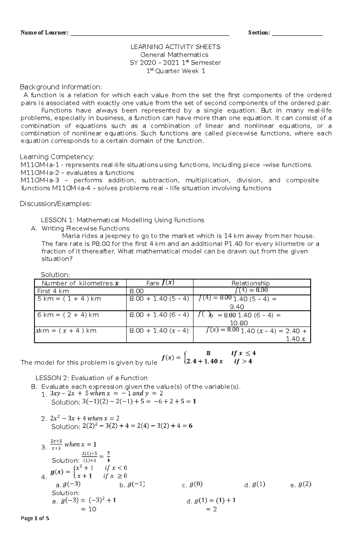 Lesson 1 general mathematics sy 2020 - 2021 - Science Technology ...