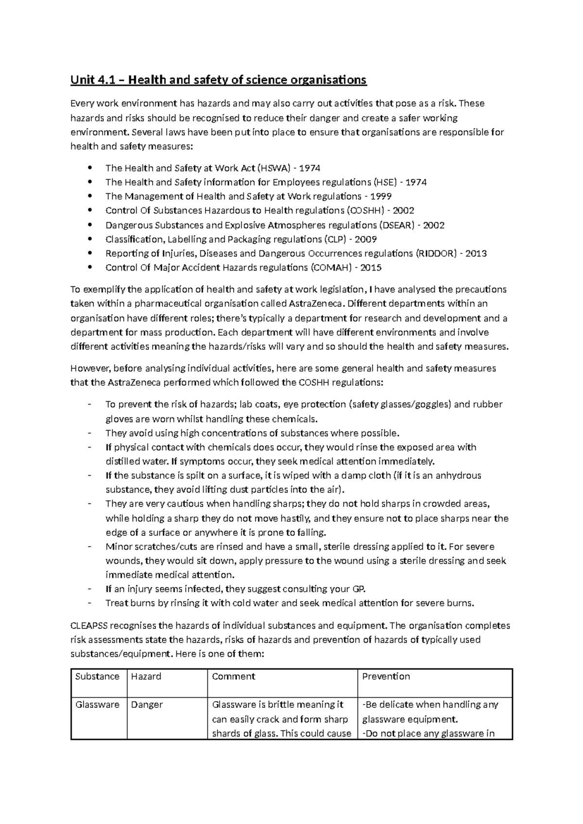 unit 4 health and safety assignment