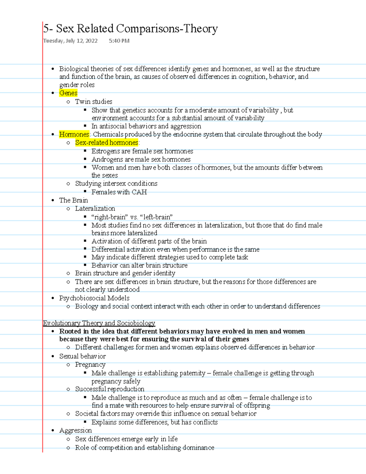 Psych 353 Chapter 5 Biological Theories Of Sex Differences Identify