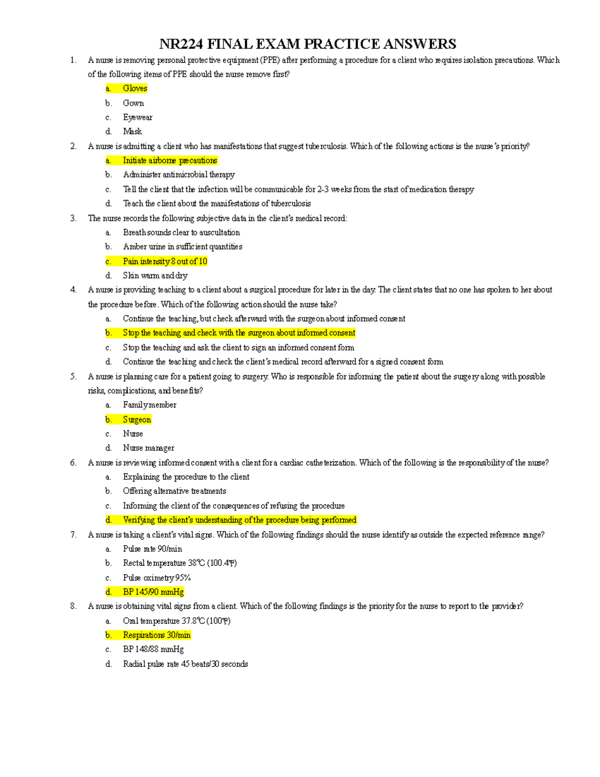 NR224 Final Exam Practice Answers - A Nurse Is Removing Personal ...