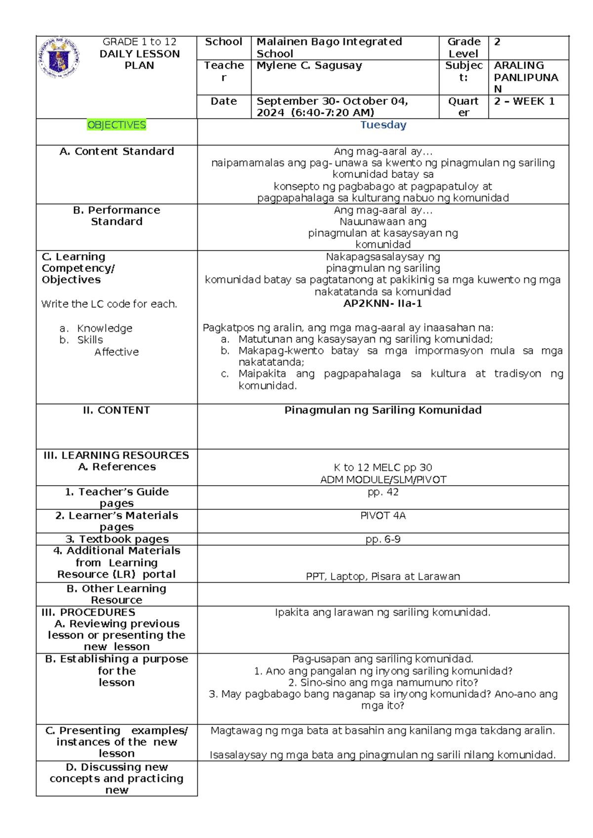 WEEK1 DLP AP Day2 - SNDBJASYDYKH - GRADE 1 to 12 DAILY LESSON PLAN ...