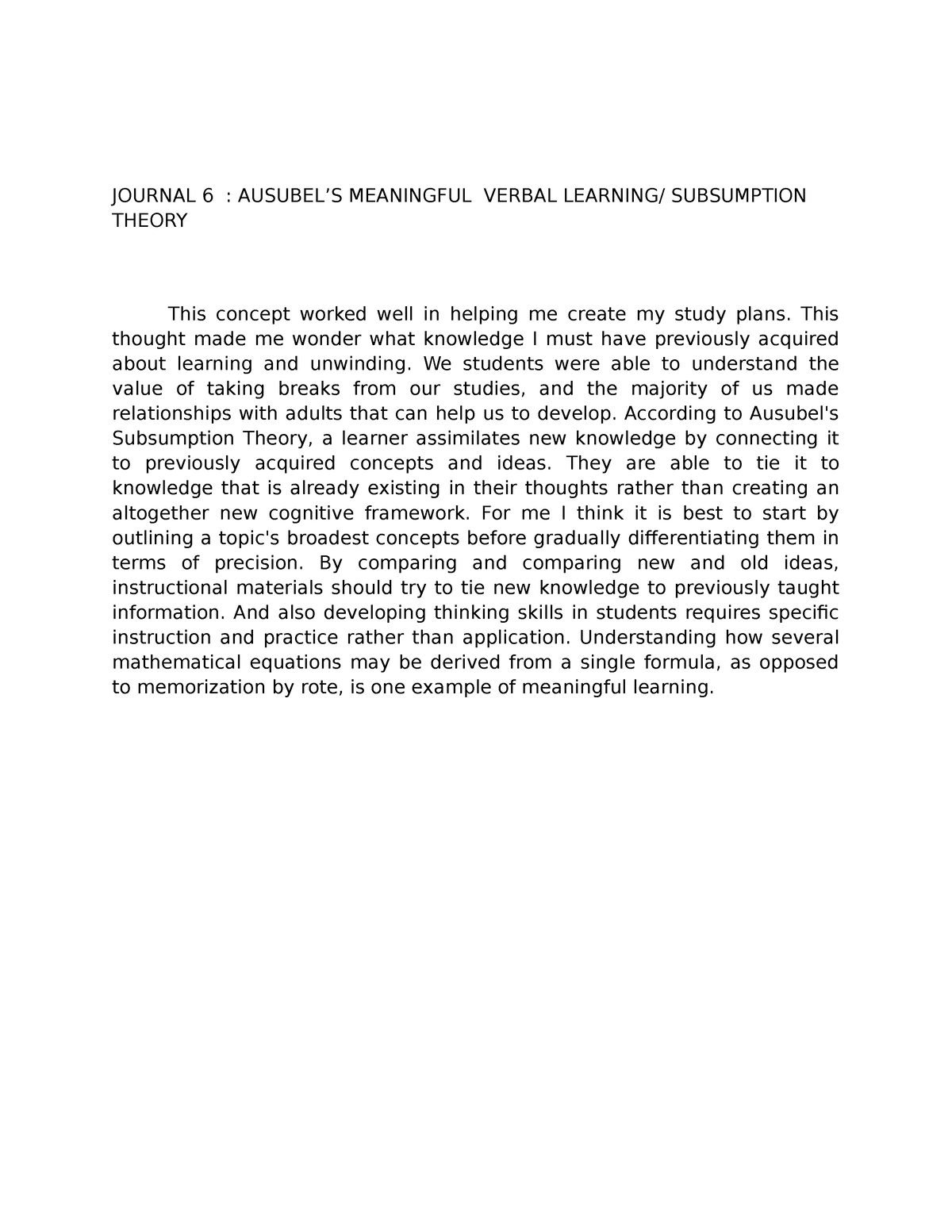 Journal 6 Ausubel’s Meaningful Verbal Learning Subsumption Theory ...