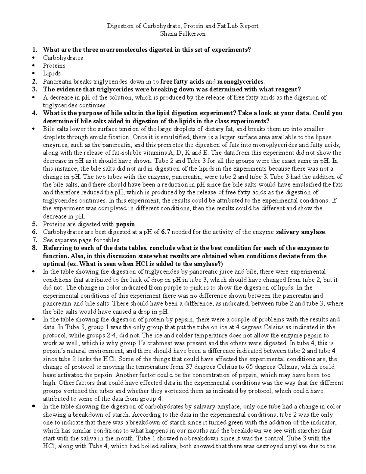 Digestion lab questions - Digestion of Carbohydrate, Protein and Fat ...