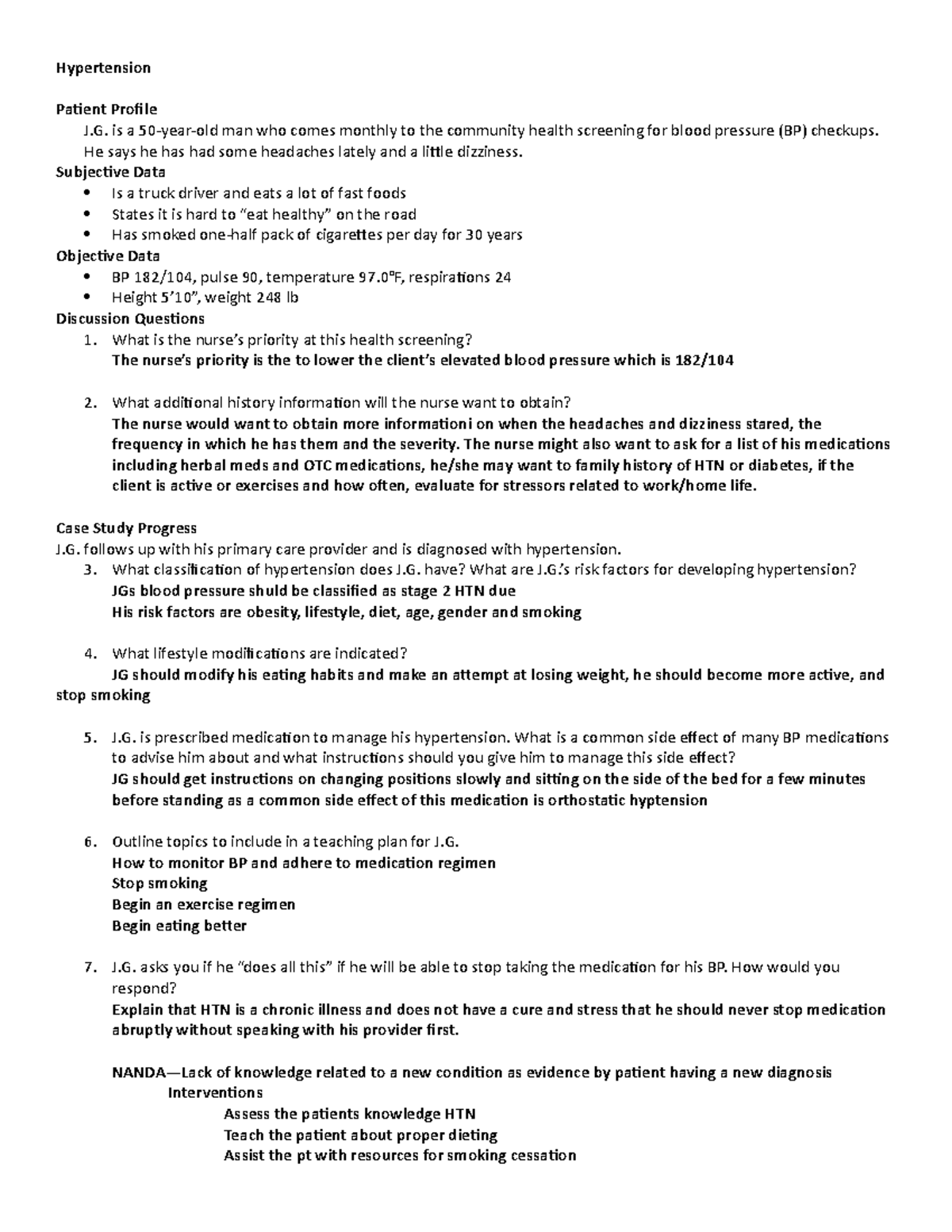 NSG 250 Hypertension Case Study - Hypertension Patient Profile J. is a ...