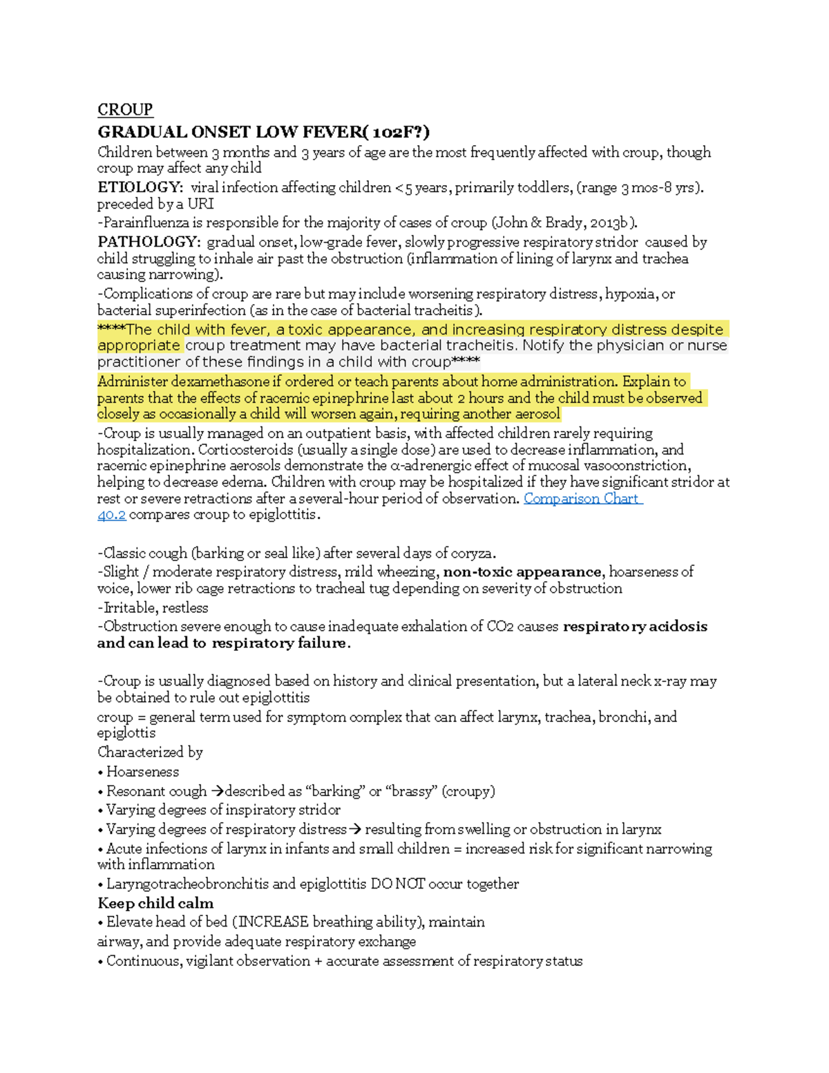 Unit 2 Respiratory Guide - CROUP GRADUAL ONSET LOW FEVER( 102F ...