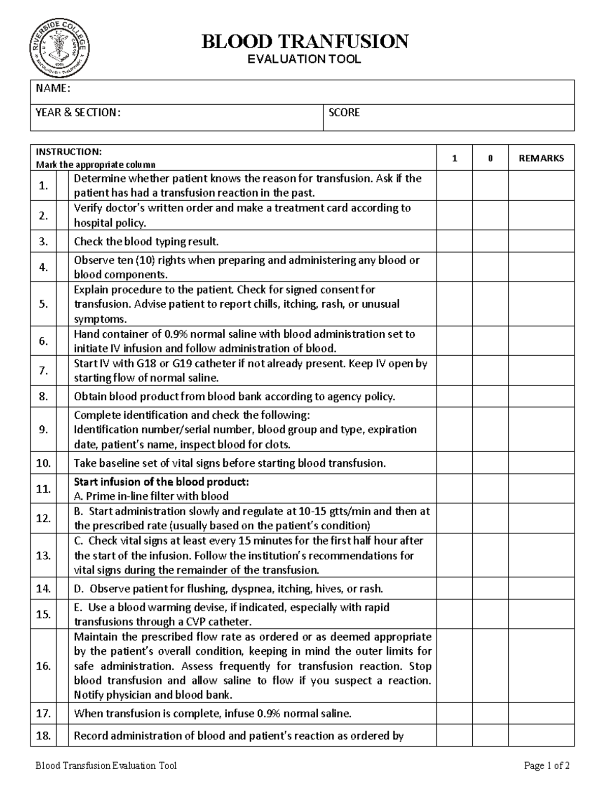 Blood Transfusion Evaluation Tool 1 - Determine whether patient knows ...