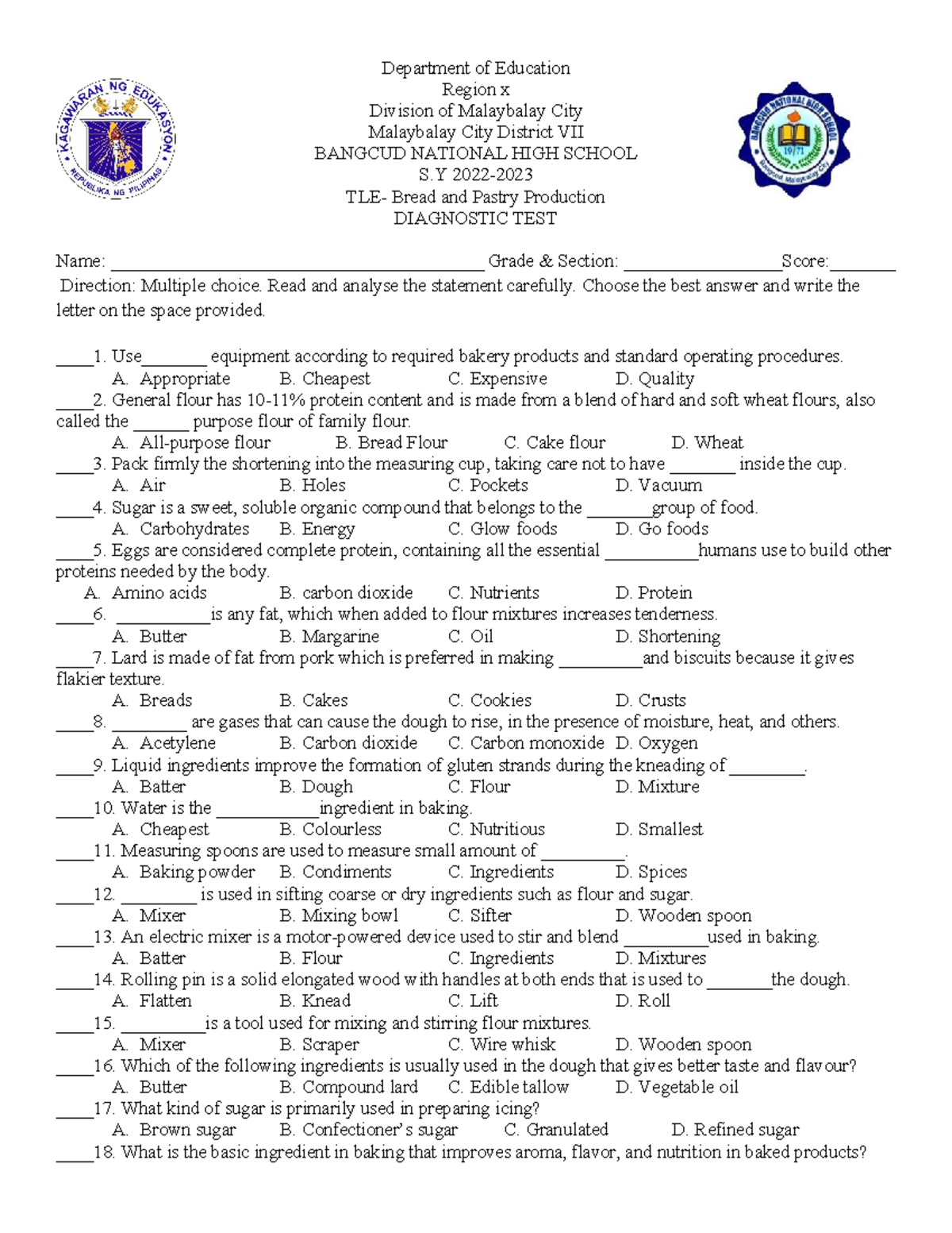 Diagnostic Test in BPP a simple bread and pastry production
