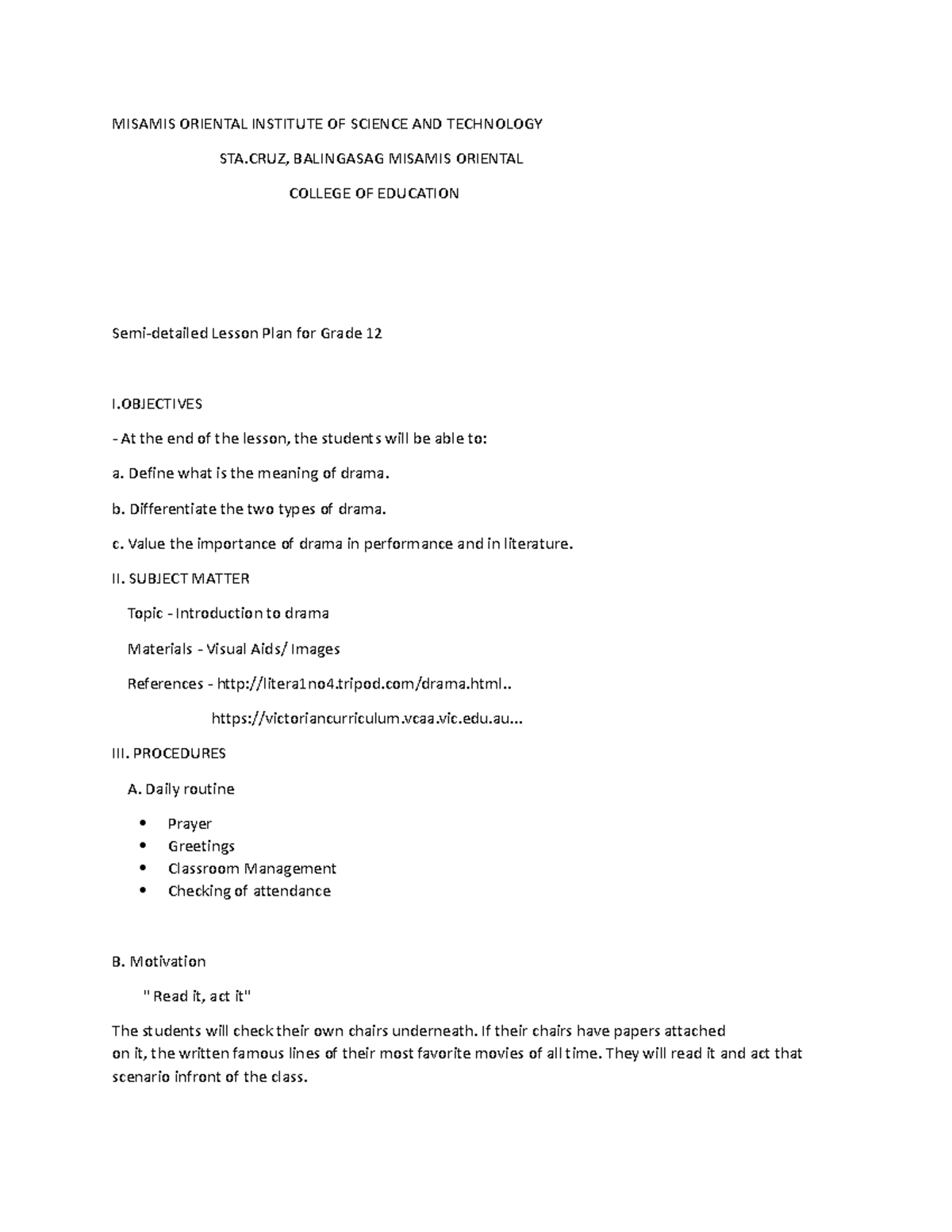 Demo lesson plan - MISAMIS ORIENTAL INSTITUTE OF SCIENCE AND TECHNOLOGY ...