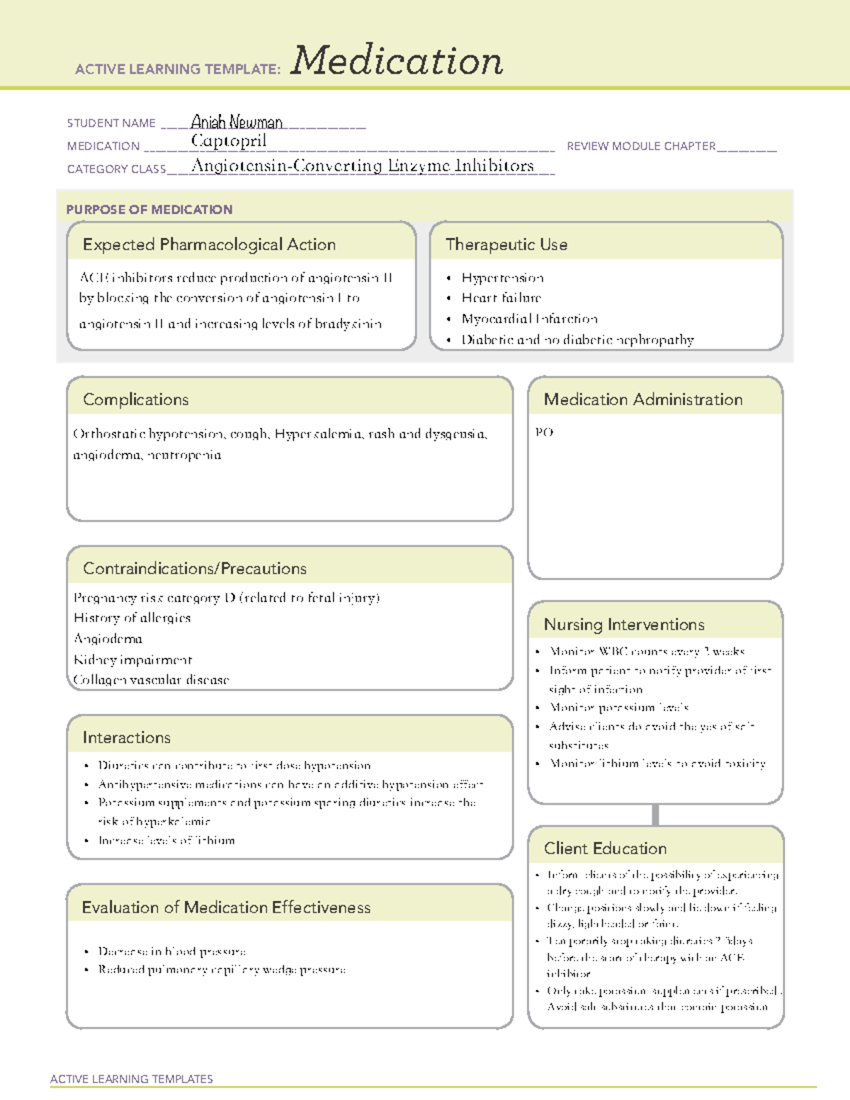 Captopril ATI ACTIVE LEARNING TEMPLATES Medication STUDENT NAME Studocu