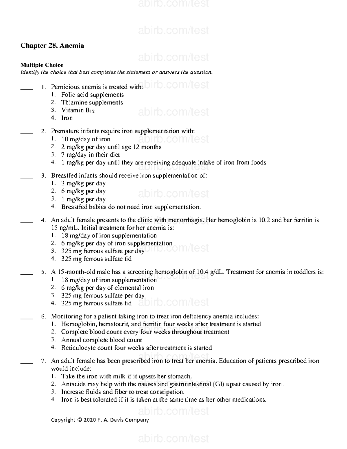 Ch28 - Test Bank - Copyright © 2020 F. A. Davis Company Chapter 28 ...