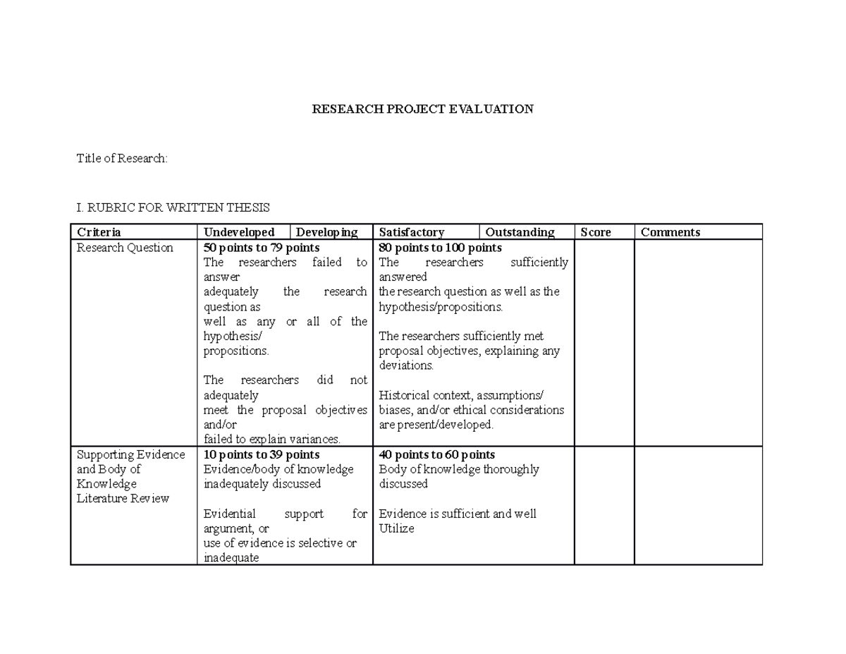 Research Project Evaluation - RESEARCH PROJECT EVALUATION Title of ...