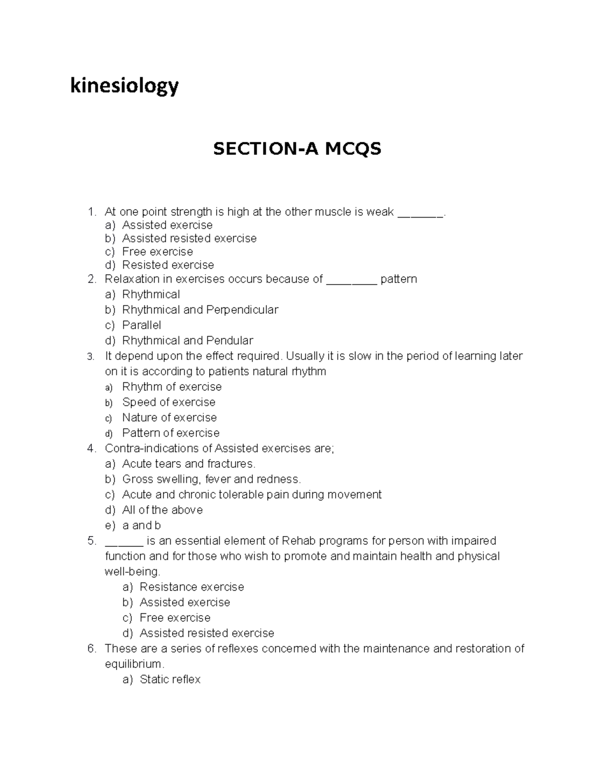 Test kinesiology test helping for exams kinesiology SECTIONA MCQS