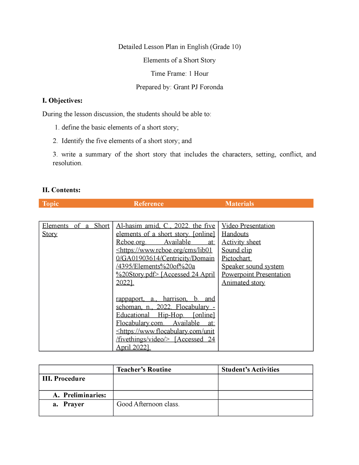 DLP 1 Elementf OF A Short Story Detailed Lesson Plan In English 