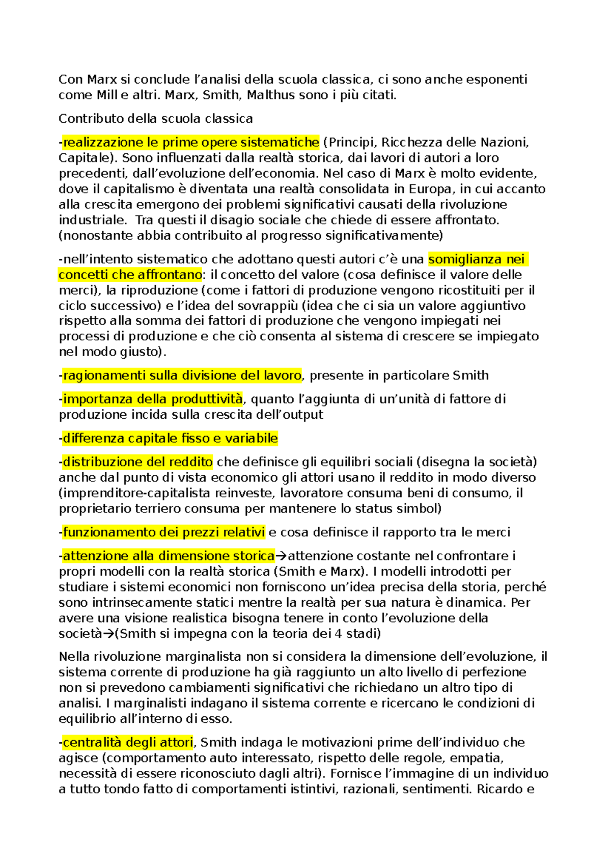 Storia del pensiero economico 12 Con Marx si conclude l’analisi della