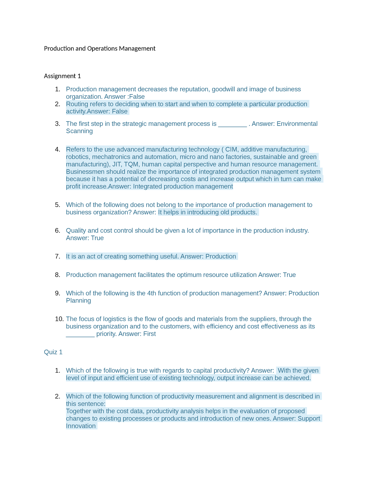 production and operations management assignment