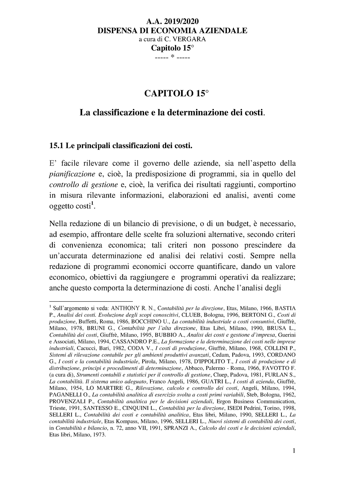 15. La Classificazione E La Determinazione Dei Costi - DISPENSA DI ...