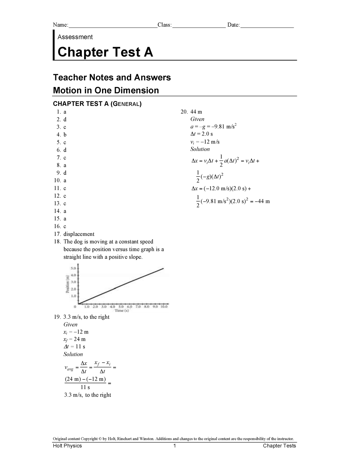 Motion In One Dimension Free Fall Answer Key