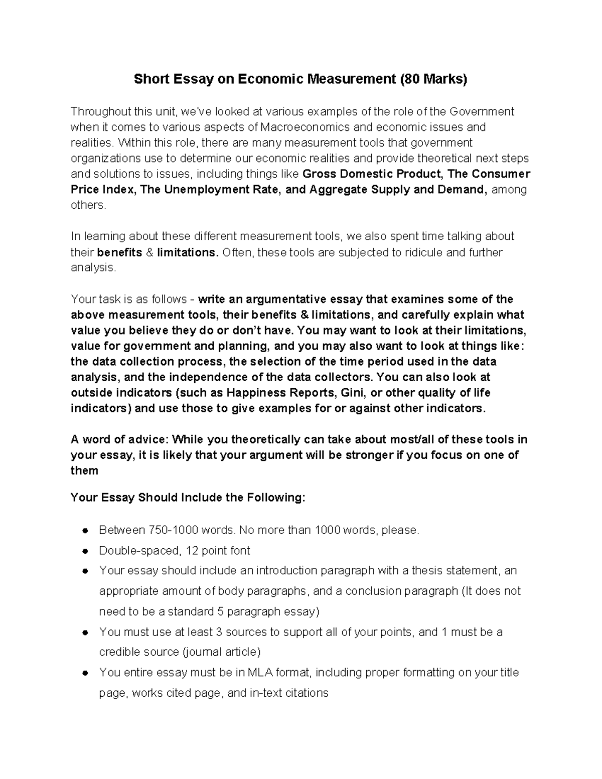 Copy of 3.7 Economics Essay Assignment - Short Essay on Economic ...