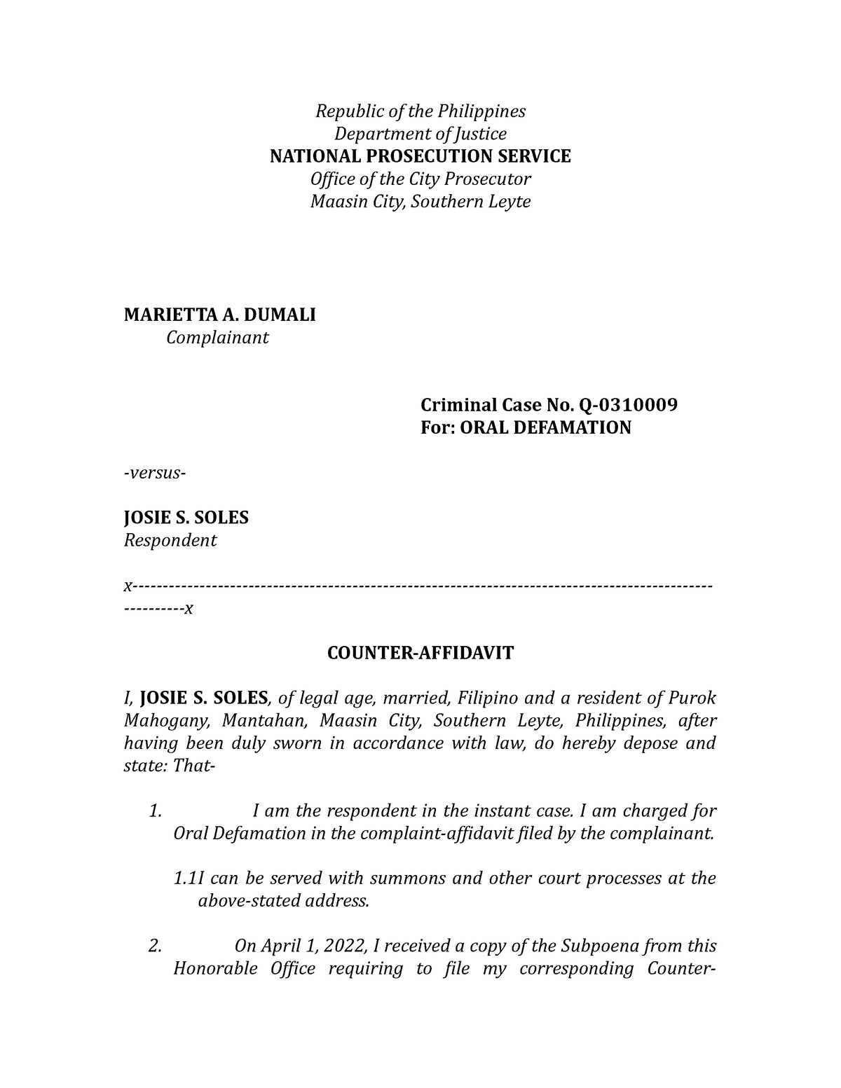 Counter Affidavit Republic Of The Philippines Department Of Justice National Prosecution 0407