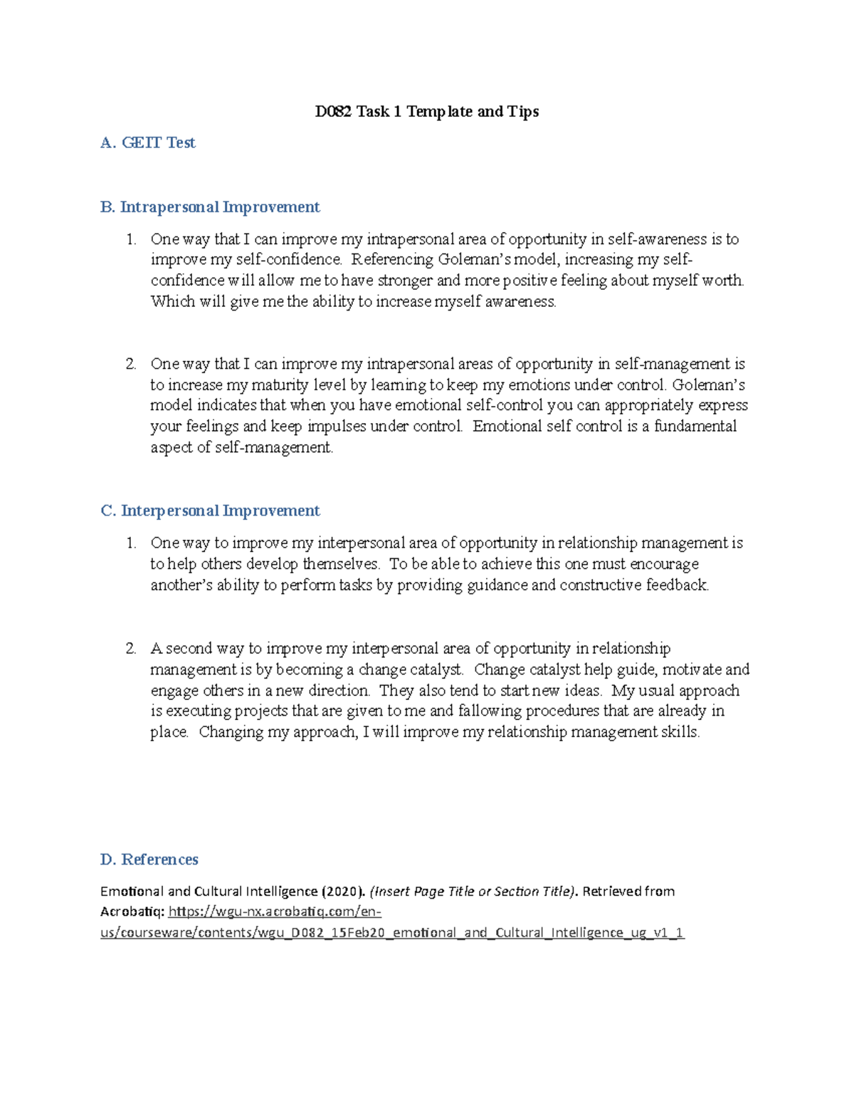 Emotional And Cultural Intelligence - Task 1 - D082 Task 1 Template And ...