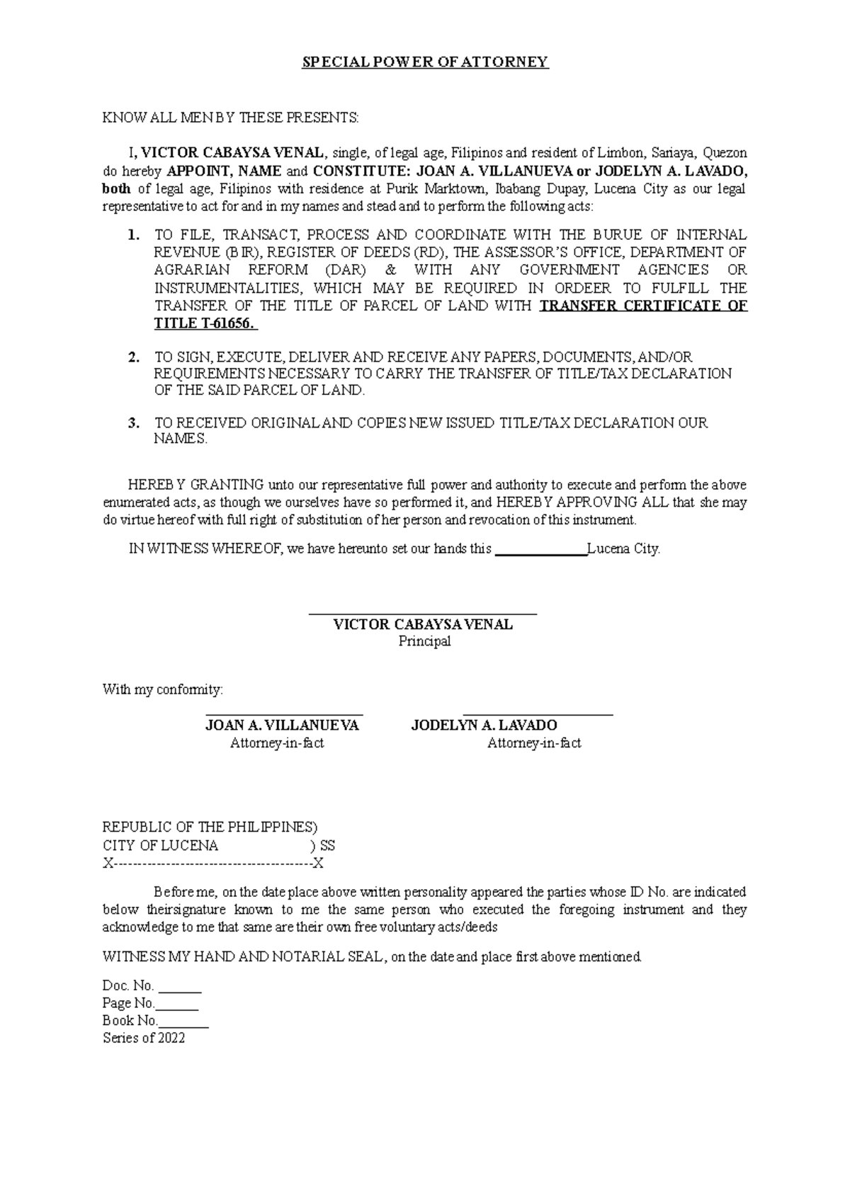 SPA TO Transfer - akjharyhahyaseranmc - SPECIAL POWER OF ATTORNEY KNOW ...