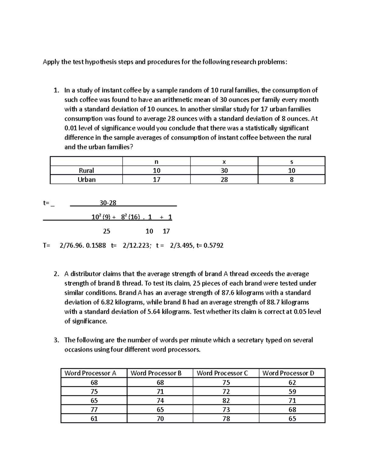 Exercise on T test and Correlation 2023 - Apply the test hypothesis ...