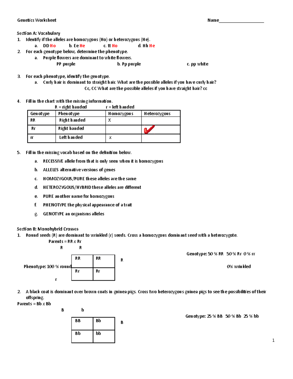 Genetics-worksheet student-KEY-20erw20l - Genetics Worksheet Intended For Mendelian Genetics Worksheet Answer Key