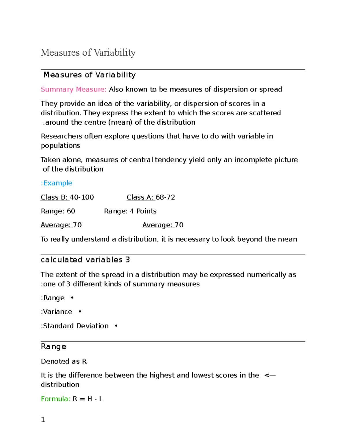 QM Notes 4 Measures of Variabilty - Measures of Variability Measures of ...