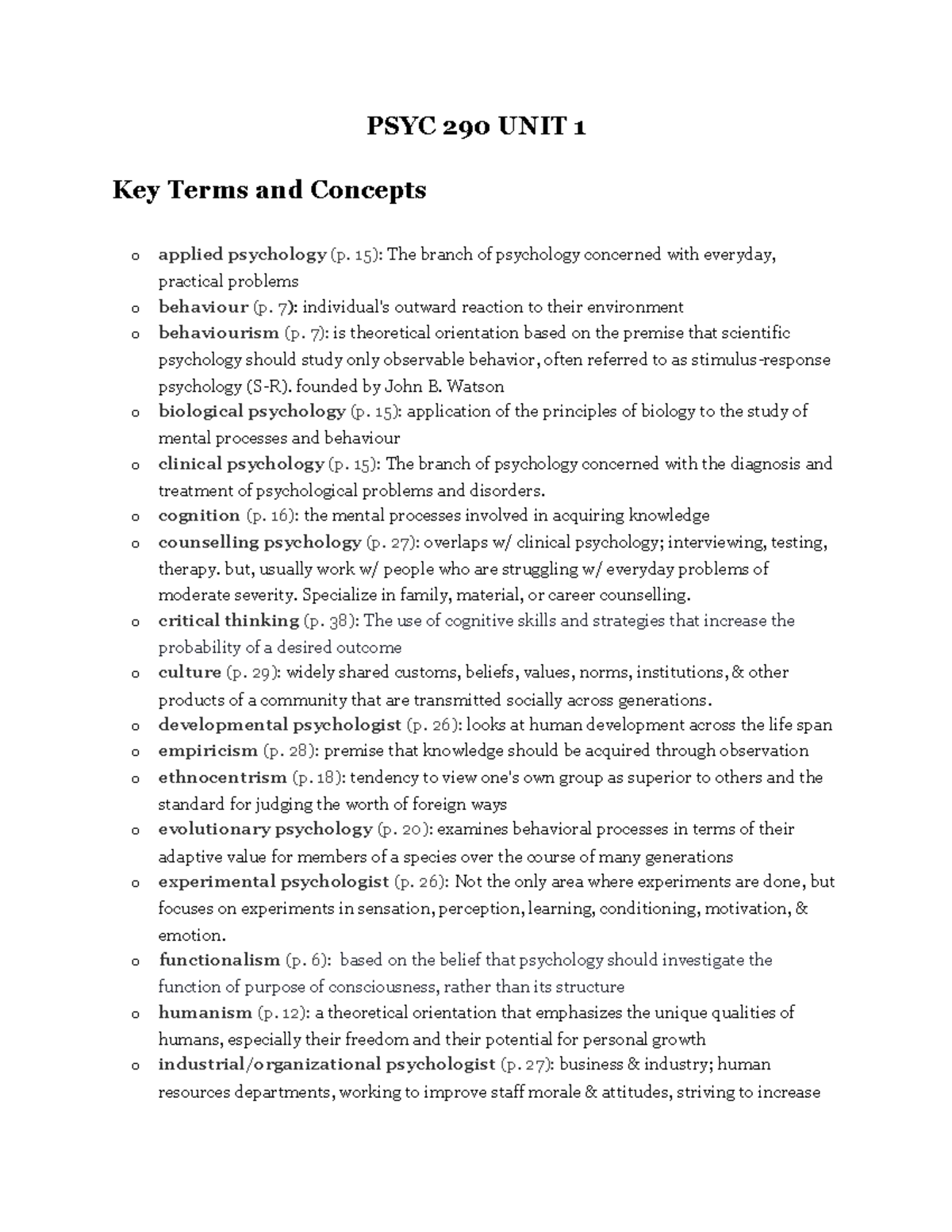 PSYC 290 UNIT 1 - Notes For Unit 1. - PSYC 290 UNIT 1 Key Terms And ...