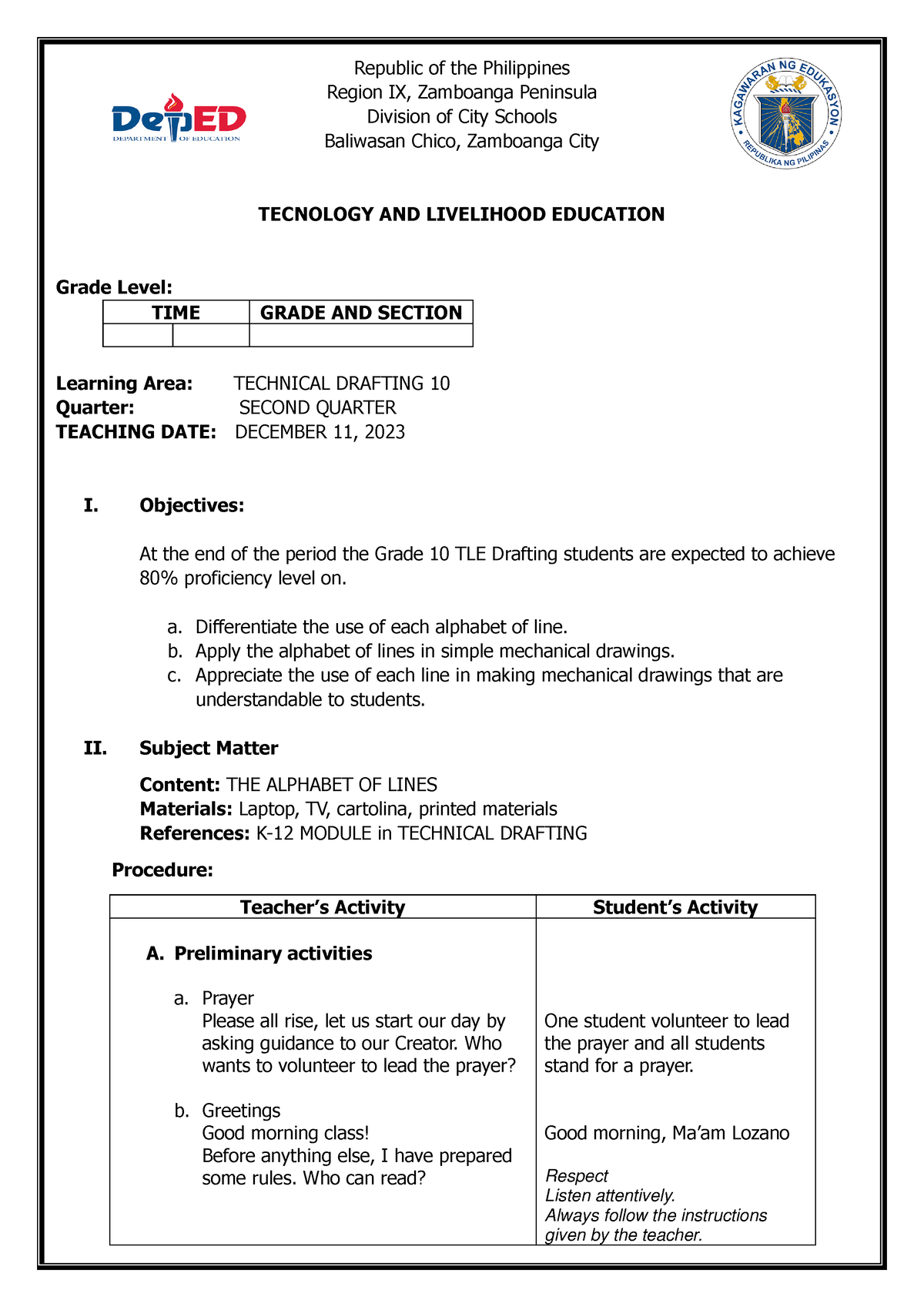 Lesson Plan Wertr Republic Of The Philippines Region Ix Zamboanga Peninsula Division Of 9959