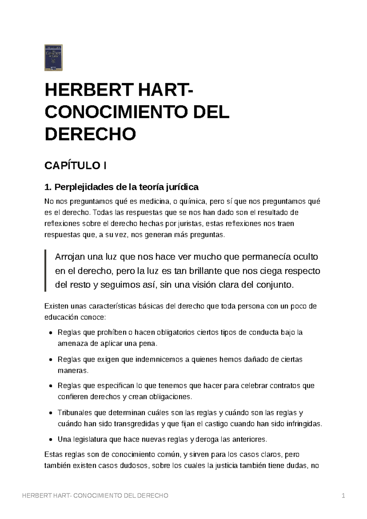 Herbert HART- Conocimiento DEL Derecho, Capítols 1 I 5 - HERBERT HART ...