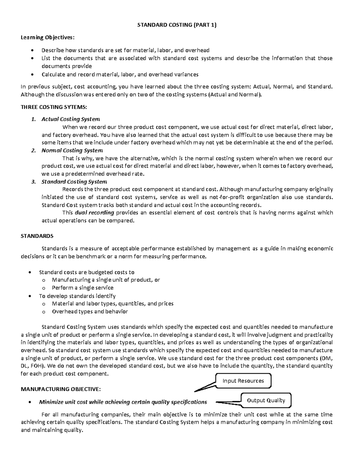 Standard Costing Part 1 - STANDARD COSTING (PART 1) Learning Objectives ...