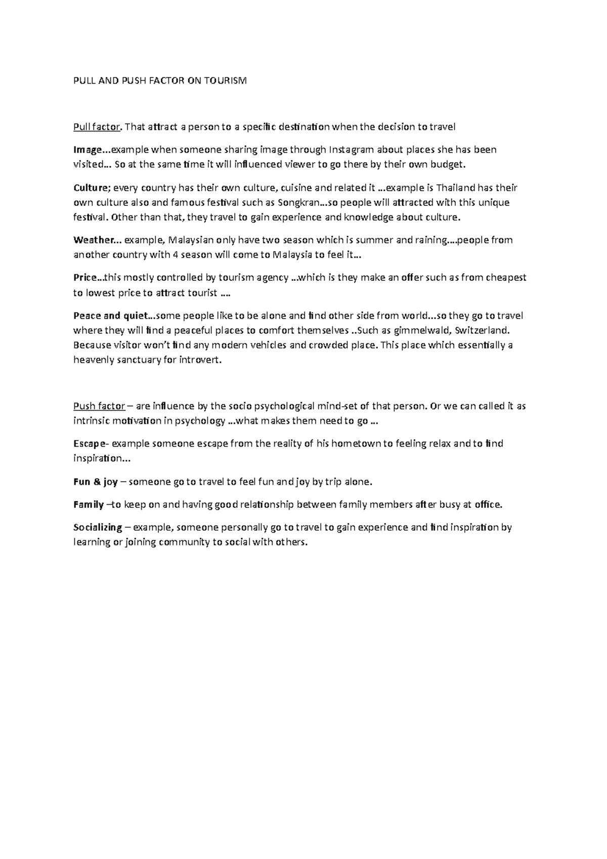 PUSH AND PULL Factor Tourism PULL AND PUSH FACTOR ON TOURISM Pull