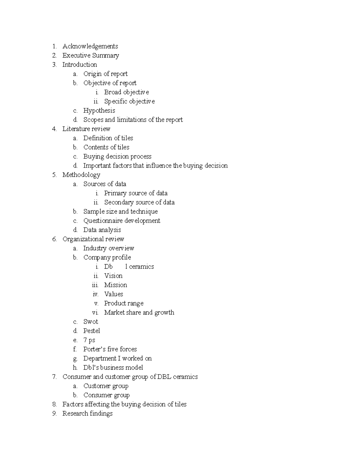 Internship Report DBL Ceramics Ltd Acknowledgements Executive Summary