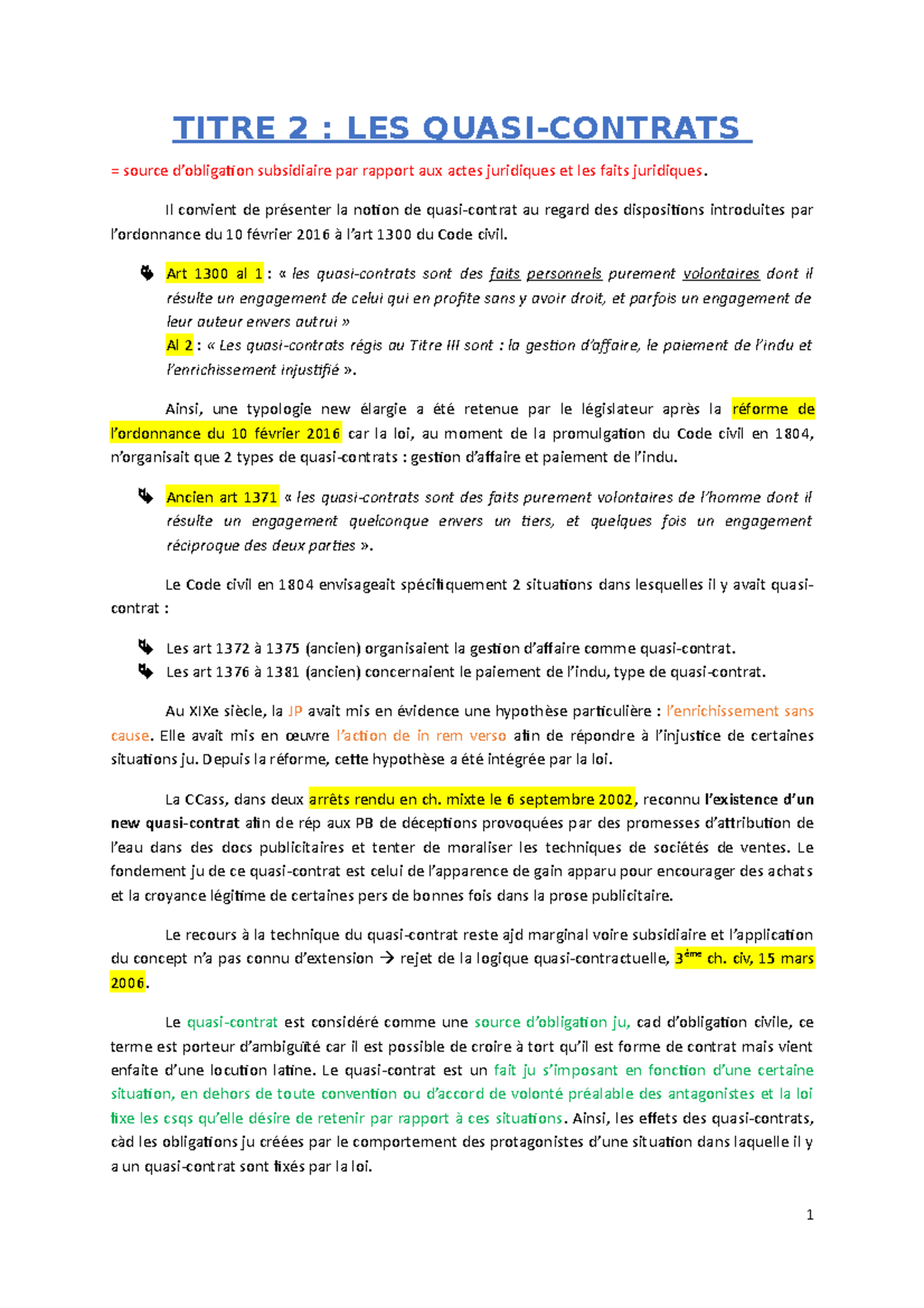 Titre 2 Chapitre 1 droit civil semestre 4 TITRE 2 LES QUASI