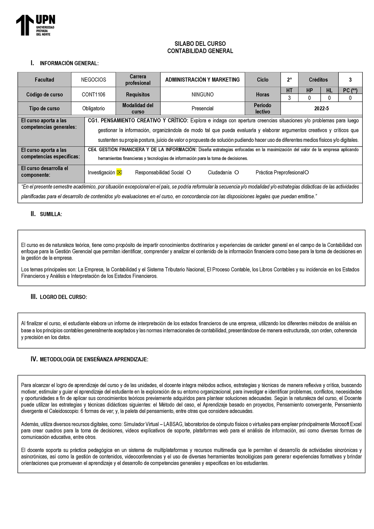 222534 CONT1106 Contabilidad Silabo - SILABO DEL CURSO CONTABILIDAD ...