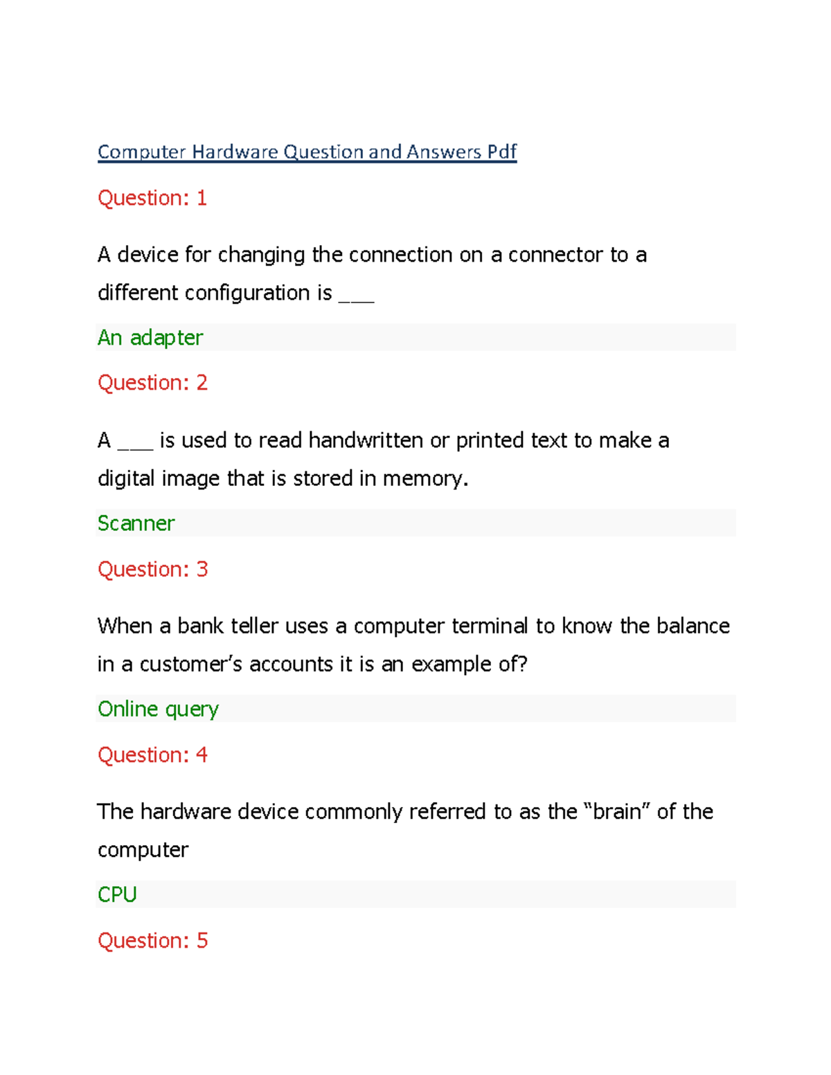 Computer-hardware-quiz - Computer Hardware Question and Answers Pdf ...