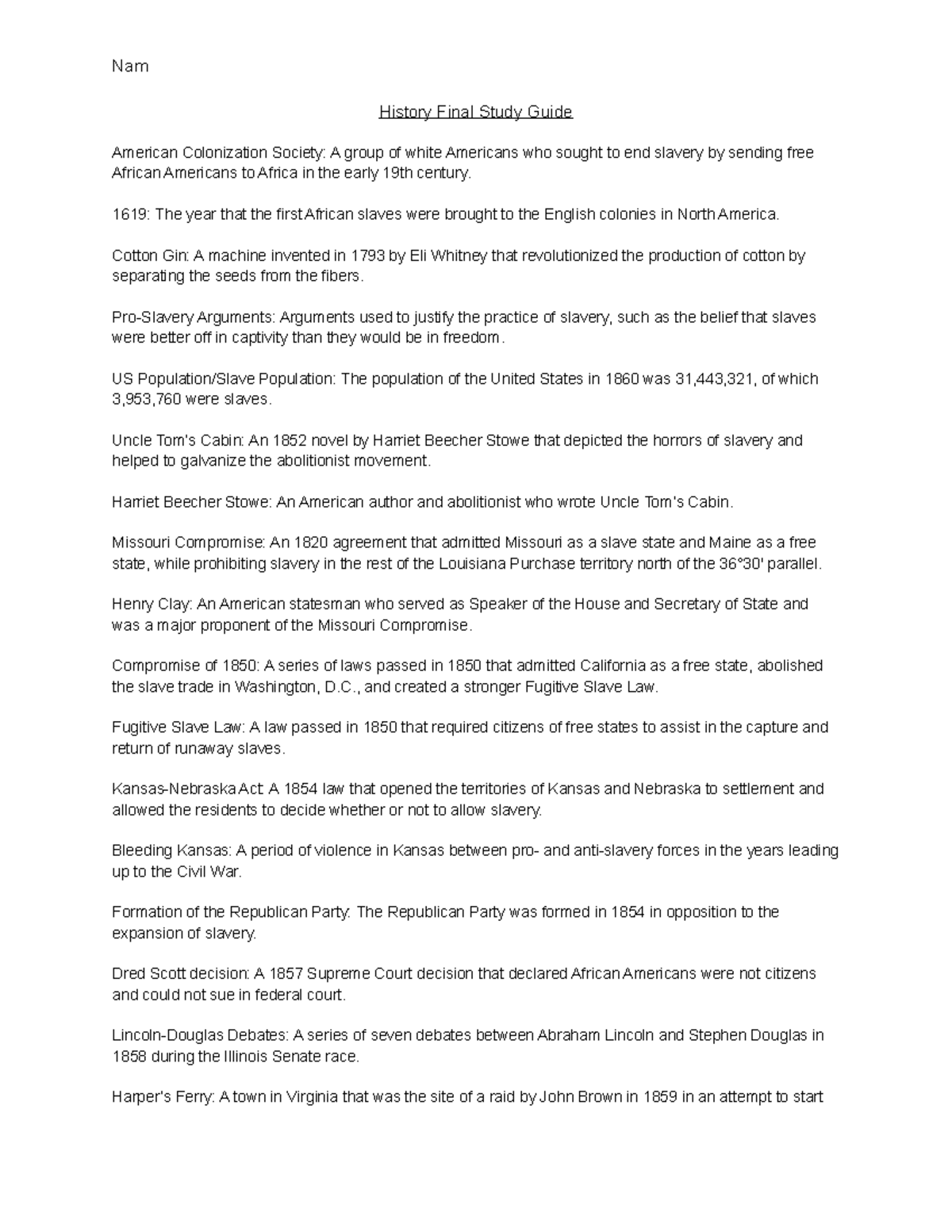 History Final Study Guide Nam History Final Study Guide American