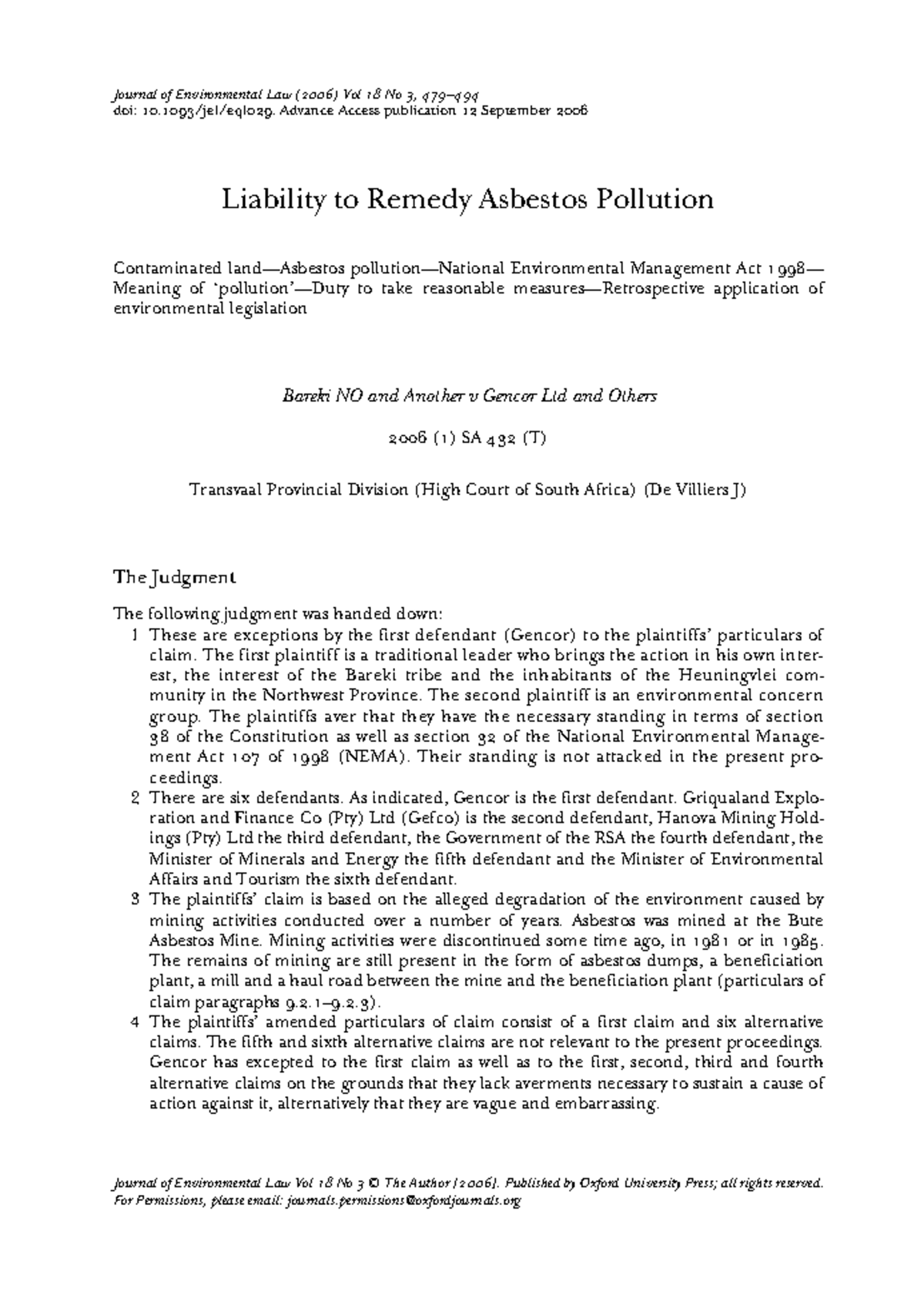 Field Liability to Remedy Asbestos Pollution- Bareki Case Note JEL ...