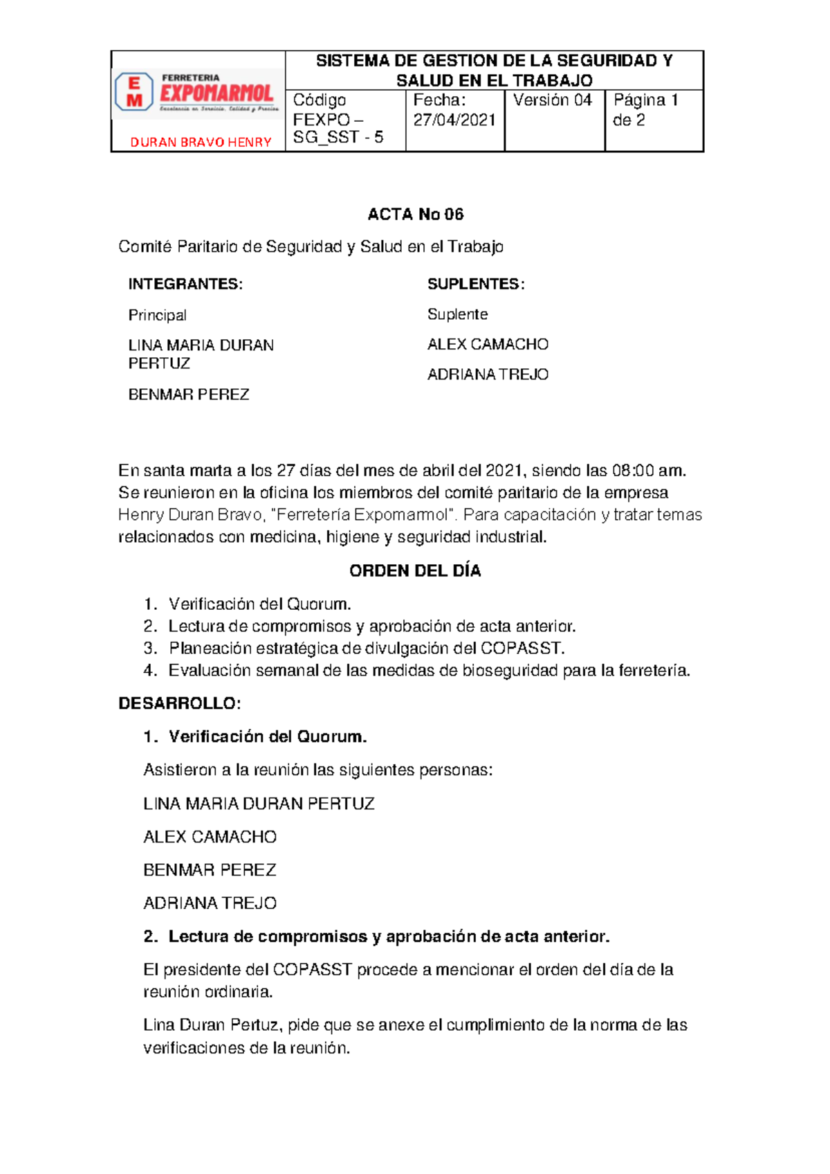 ACTA 6qqqqwwwwwwwwwww - DURAN BRAVO HENRY SISTEMA DE GESTION DE LA ...