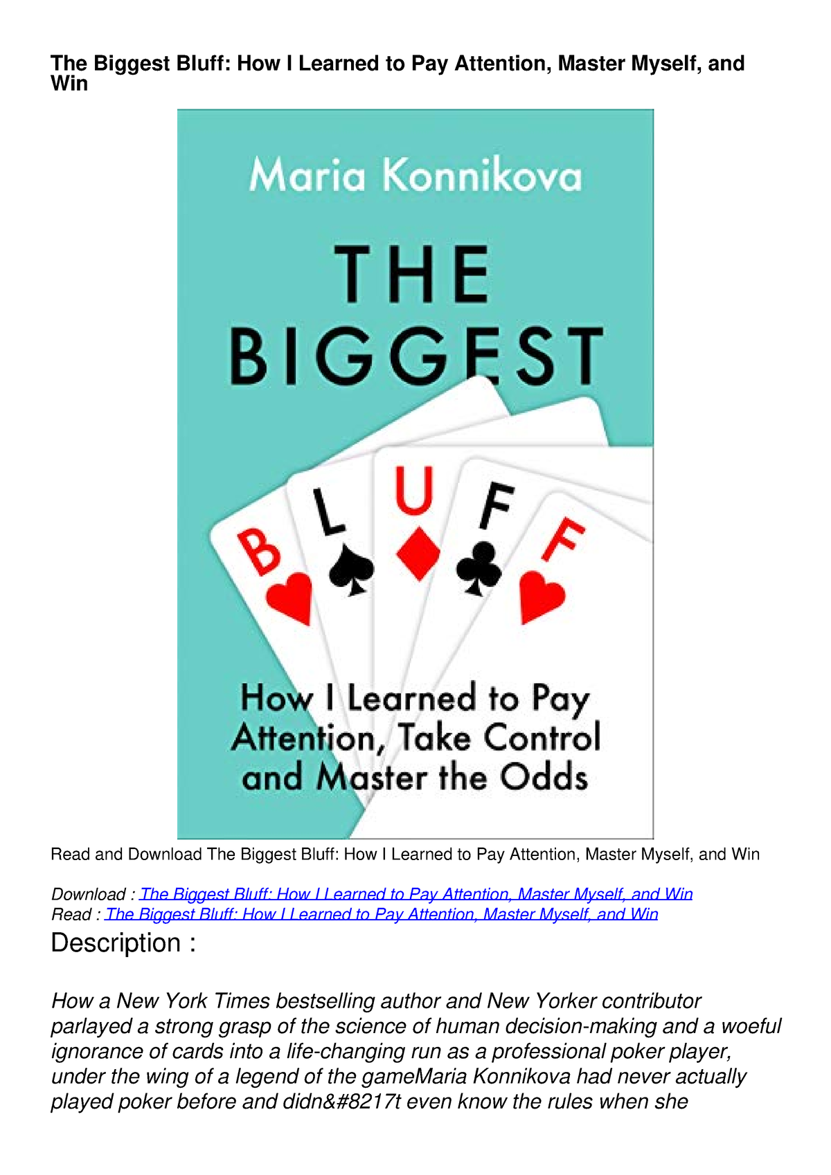 PDF BOOK The Biggest Bluff: How I Learned to Pay Attention, Master ...