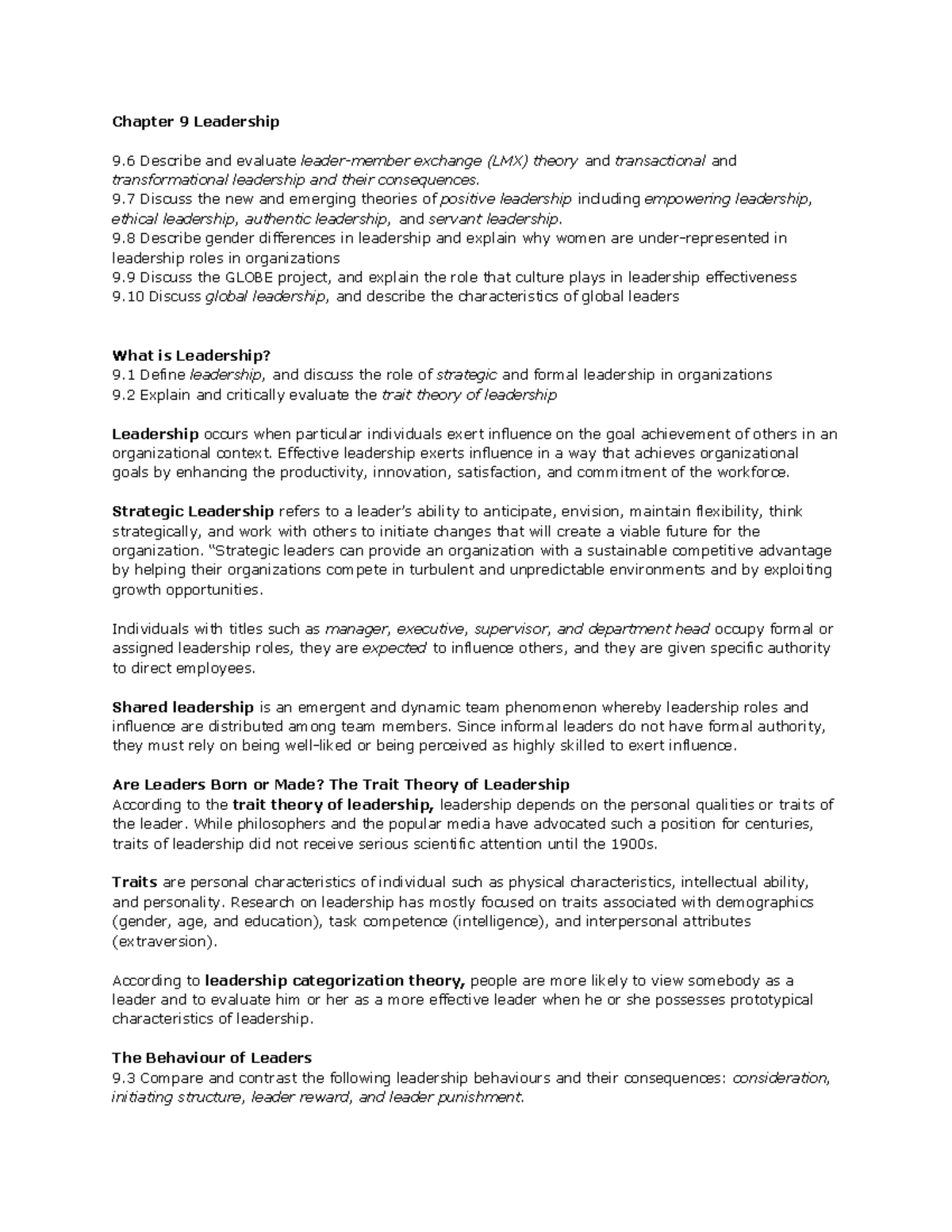 Chapter 9 Leadership - Chapter 9 Leadership 9 Describe and evaluate ...