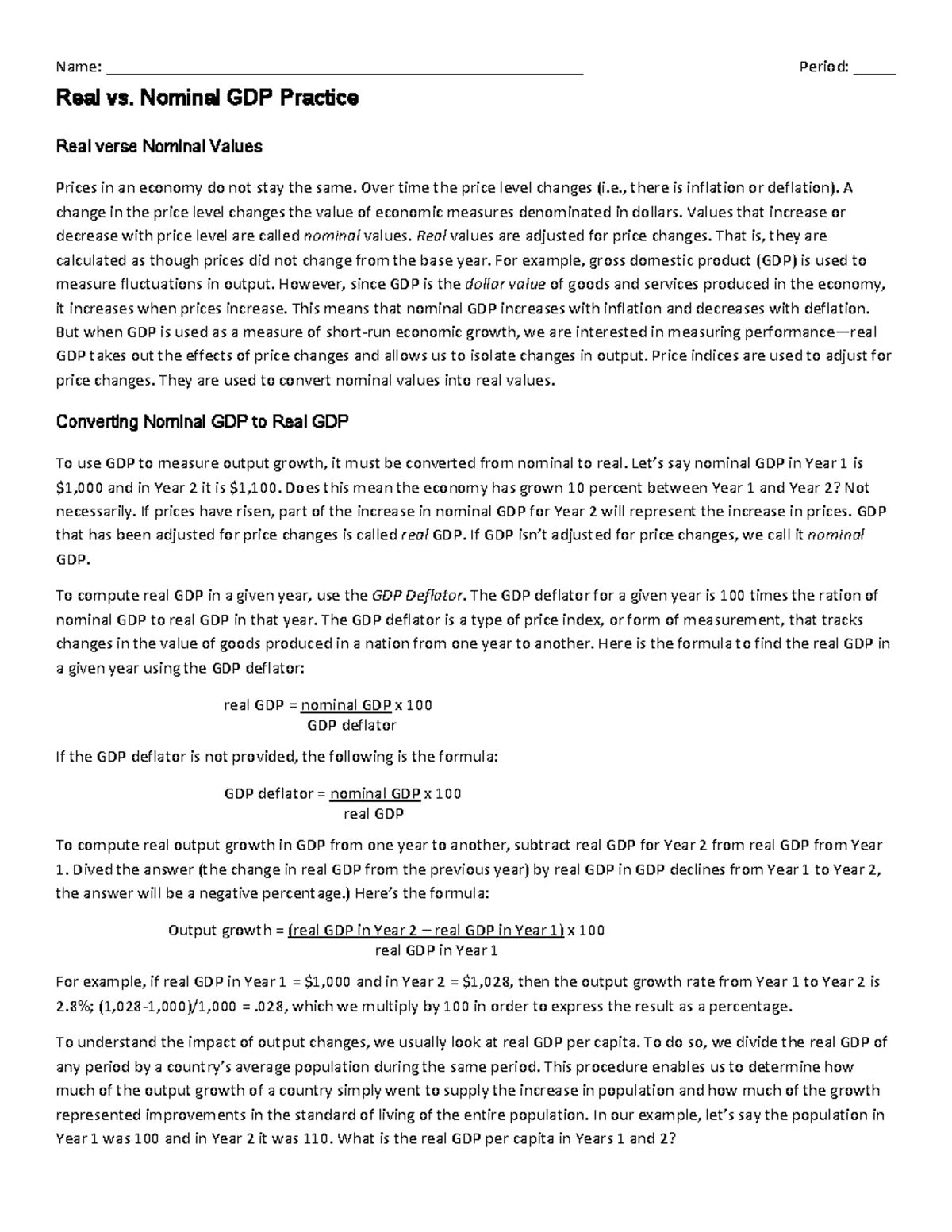 Real vs Nominal GDP practice - Name