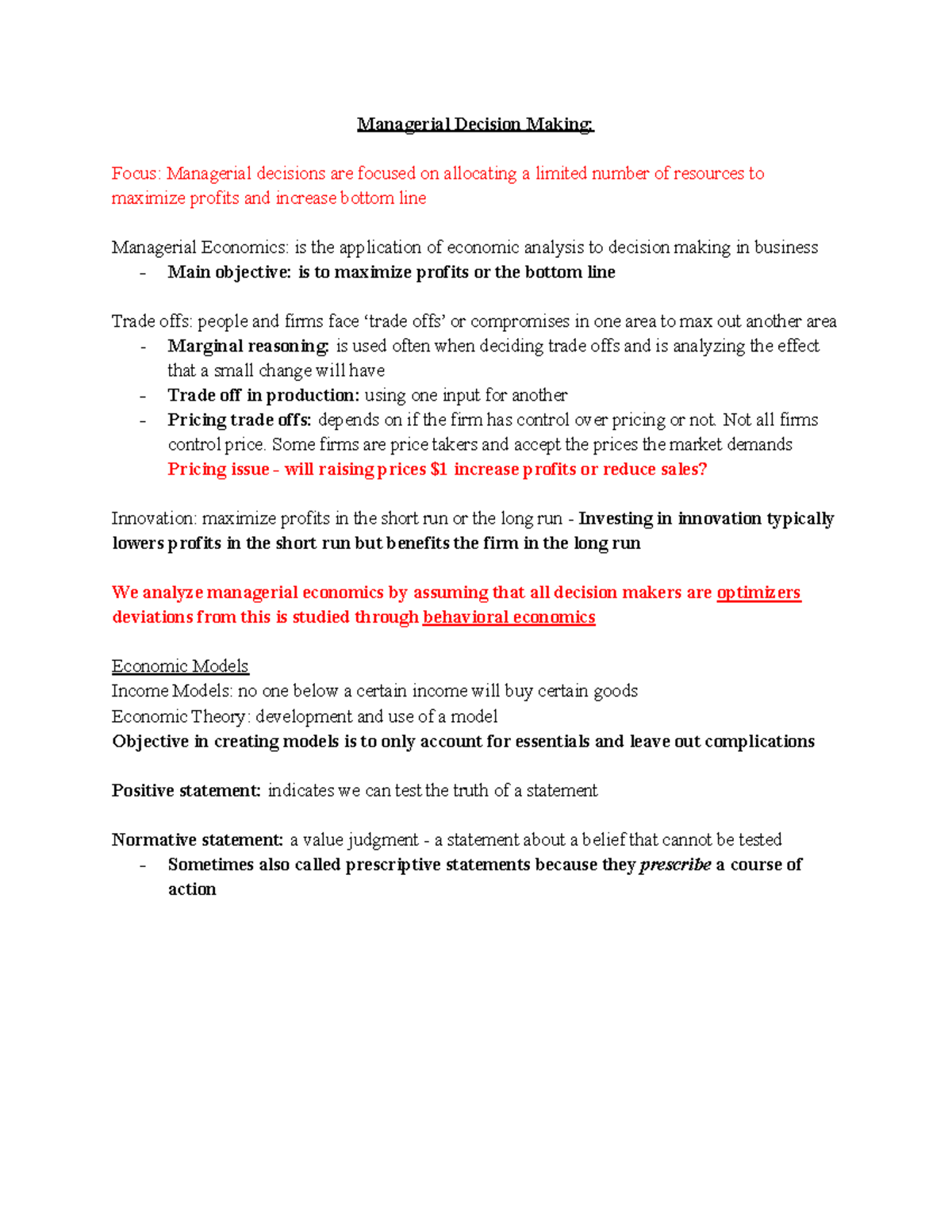 Managerial Economics Intro to Managerial Decision Making Lecture Notes ...