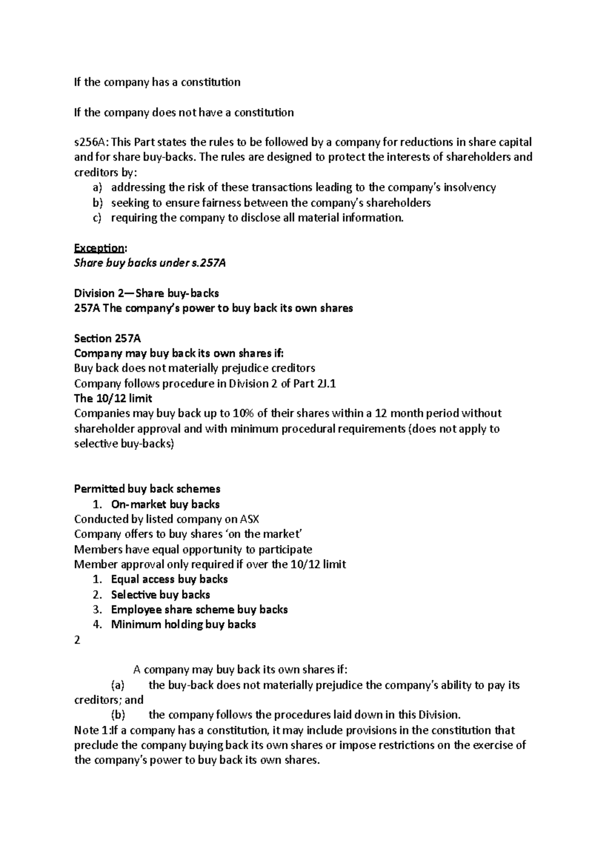 Corporate law - Lecture notes 1 and 2 - If the company has a ...