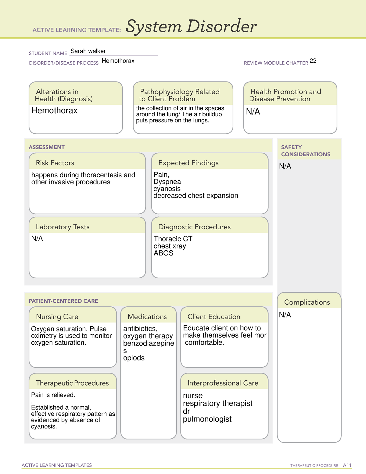 Hemothorax - Ati - ACTIVE LEARNING TEMPLATES THERAPEUTIC PROCEDURE A ...