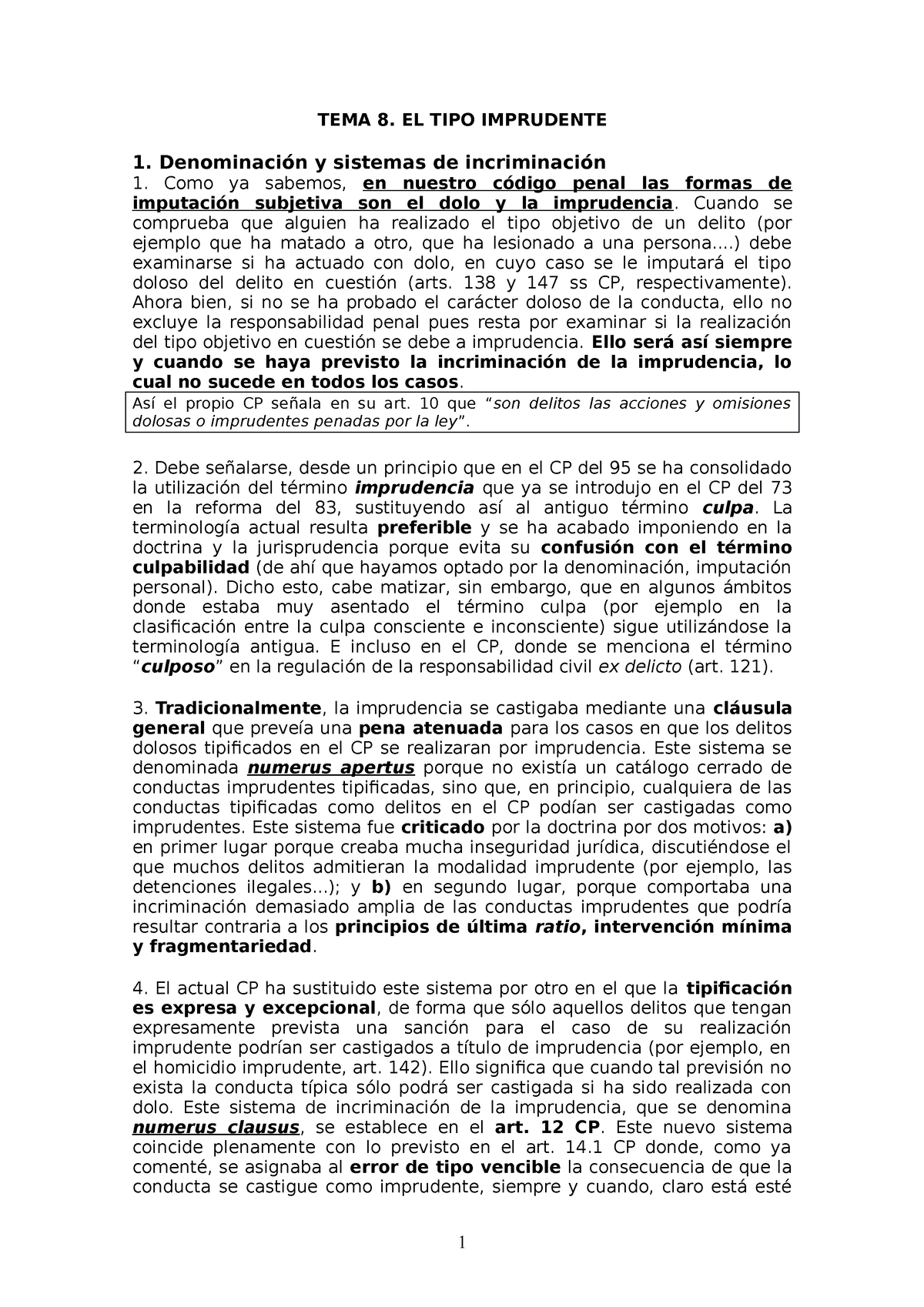 TEMA 8. TIPO Imprudente - TEMA 8. EL TIPO IMPRUDENTE 1. Denominación Y ...